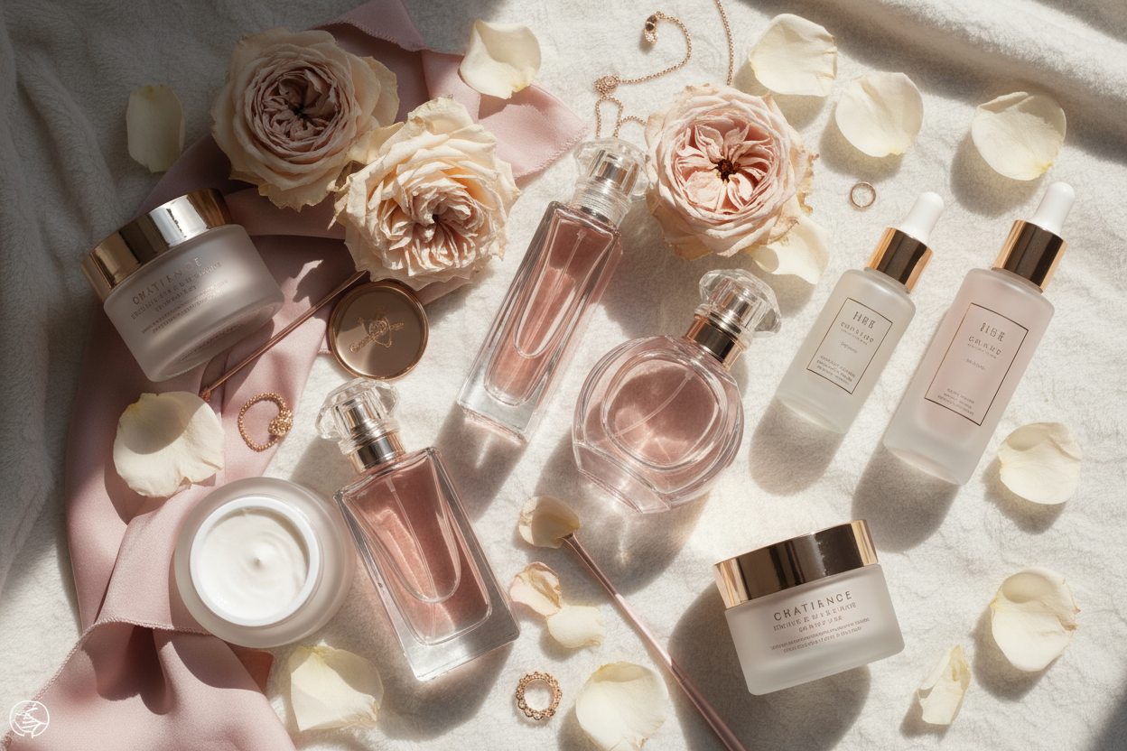 Aesthetic Skincare & Perfume Flatlay