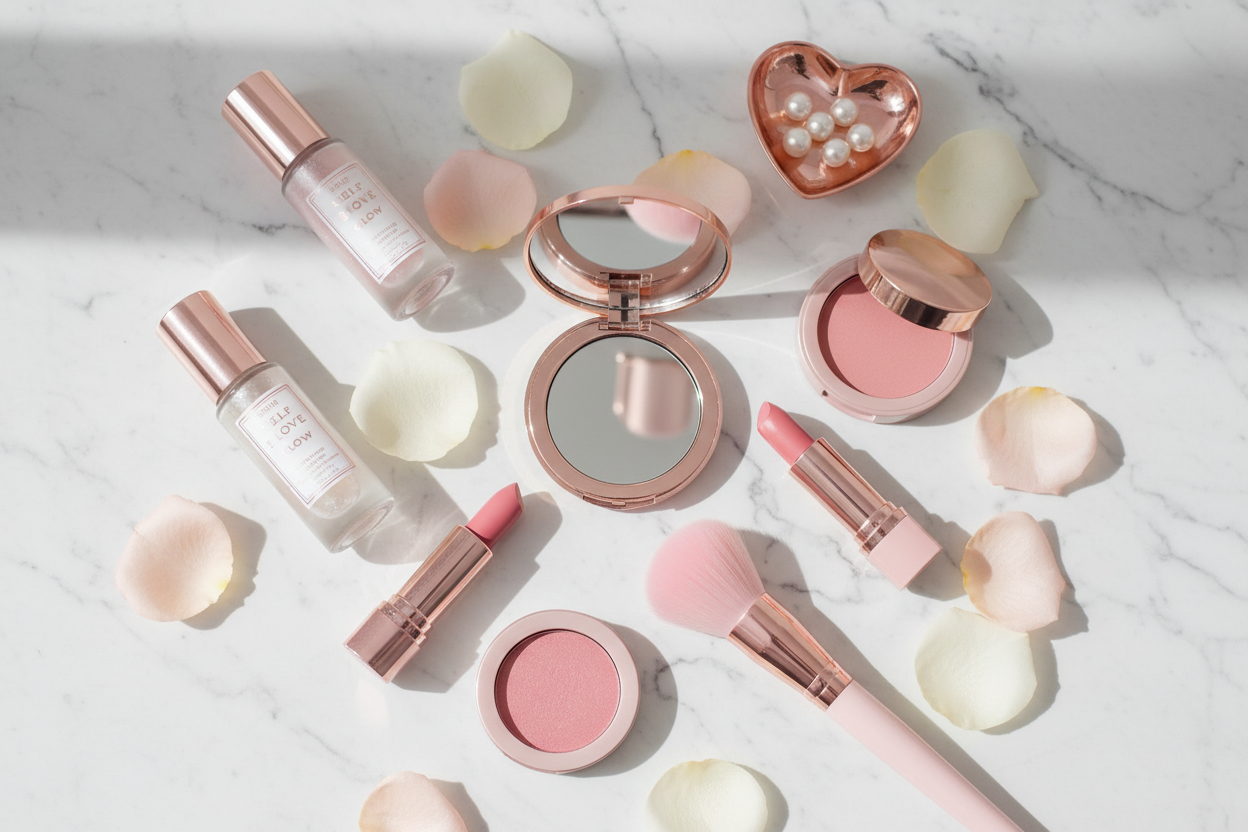 Girly Makeup & Skincare Flat Lay